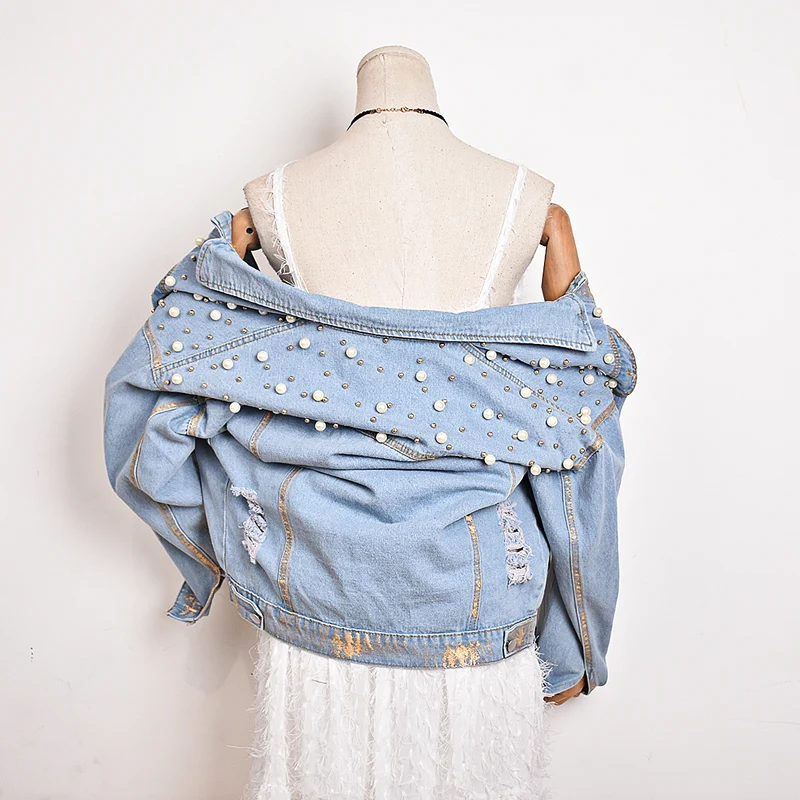 BGTEEVER уличная женская джинсовая куртка с рваными дырами и жемчугом свободное