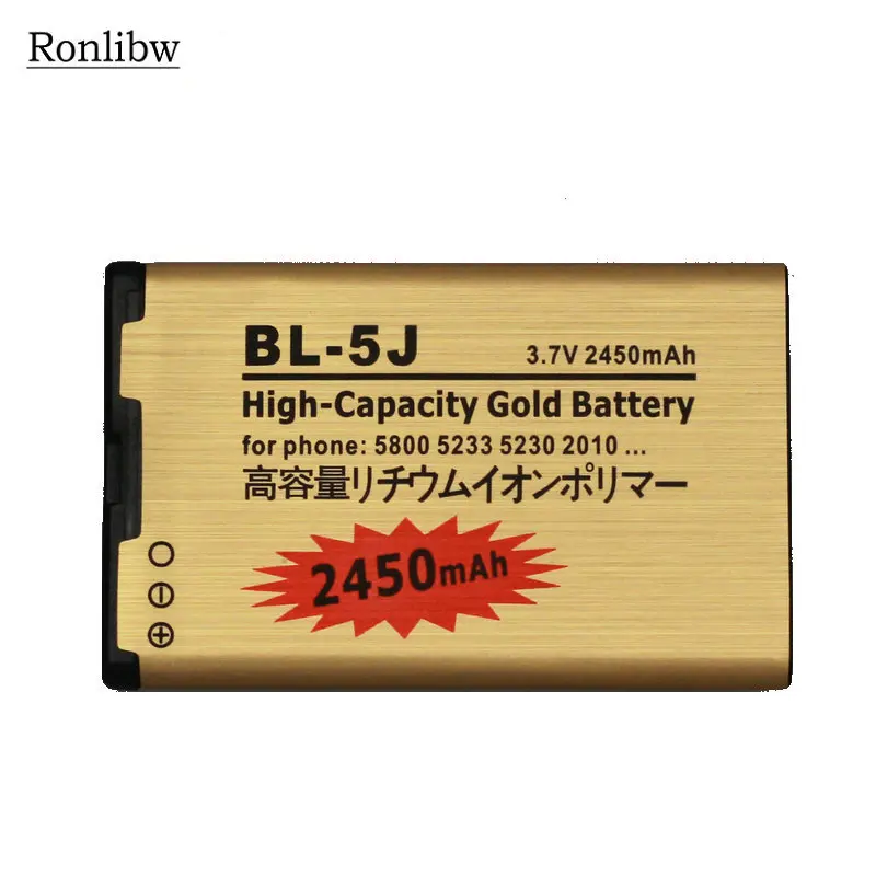 Ronlibw зарядное устройство 2 шт. 2450 мАч золотой аккумулятор BL5J + для Nokia 5230 5233 5800 3020 Lumia