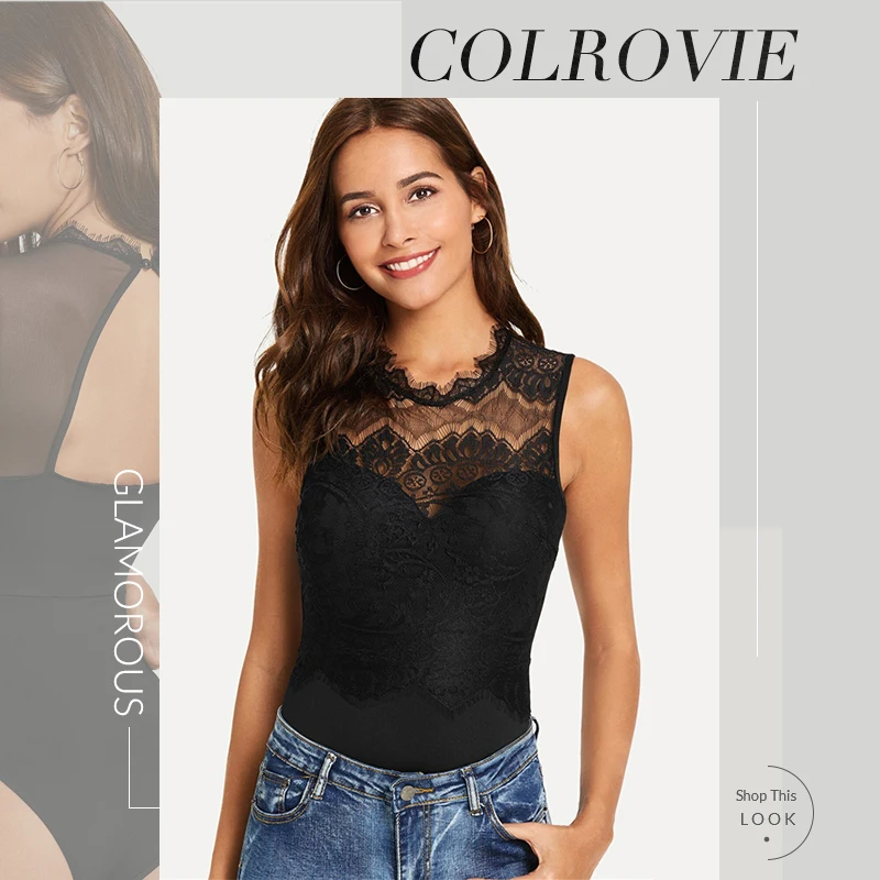 COLROVIE, черные, контрастные, кружевные, одноцветные, без рукавов, вечерние, боди, женская одежда,, летние сексуальные боди, для офиса, женские боди