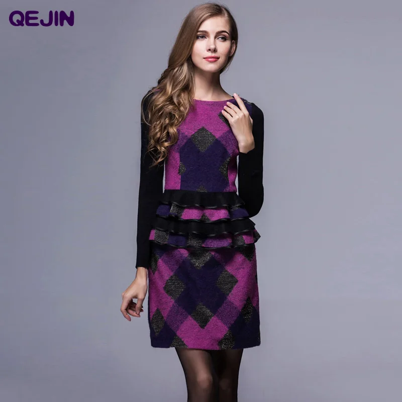 

women's dresses wool dresses in winter long-sleeve wool O-neck wool thicken warm cashmere dresses Plus size High Quality