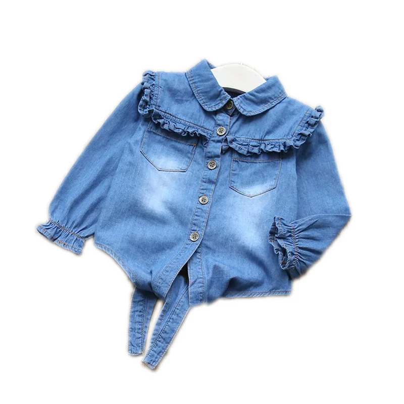 Летняя рубашка хлопковая одежда для девочек Повседневная Джинсовая блузка с