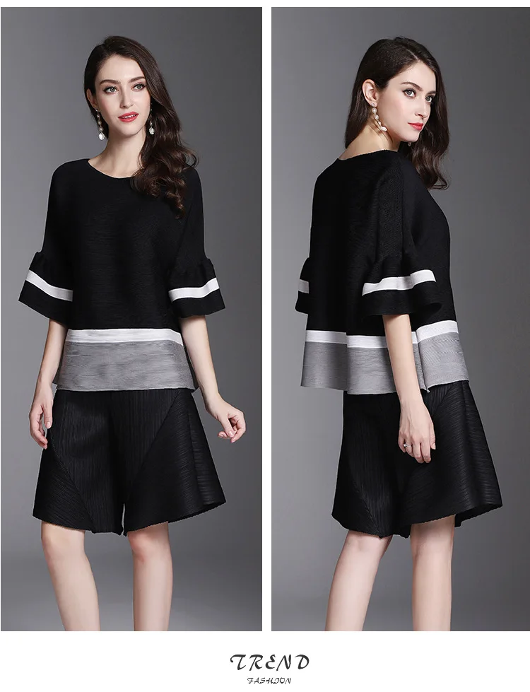 Women's Miyak pleated trumpet sleeves shirt round neck short-sleeved sunscreen shirt+ pleated wide leg casual versatile shorts