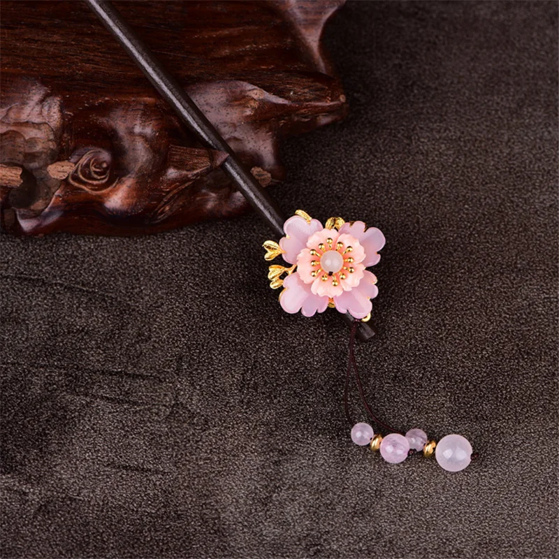 Yanting Romantic Pink Flower Hair Stick Wood Hair Accessories For Women Sweet Hairpins Head Jewelry Gift For Girls Women 0145