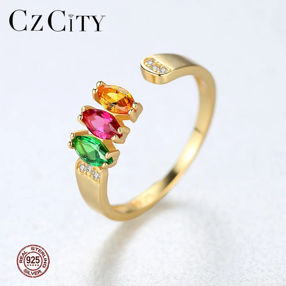CZCITY Gold Plated 925 Sterling Silver Adjustable Cuff Rings for Women Multi-color CZ Stone Female Wedding Bijouxme Gift | Украшения и