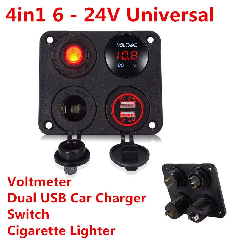 

4 in1 Car Dual USB Charger + Voltage Meter Display + Rocker Switch Cigarette Lighter Power Adapter Sockets Plug Panel