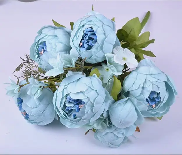 NieNie 13 головок/Bouque Искусственные Рождественские цветы Шелковый цветок Европейский Осень яркий пион поддельные для свадьбы домой вечерние украшения - Цвет: Light Blue Peony