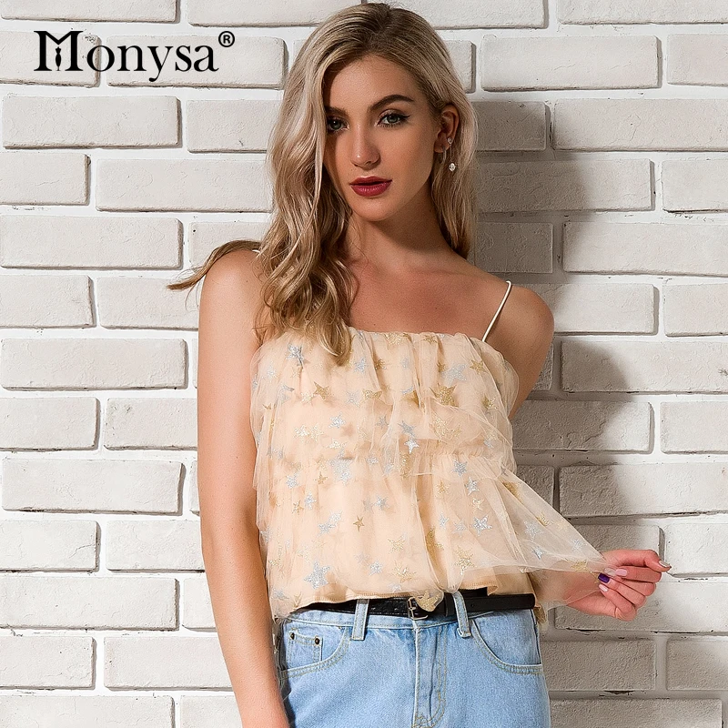 Ruffle Mesh Blouse 2018 Summer New Arrivals Spaghetti Strap Sleeveless Stars Geometric Tops Ladies Streetwear Casual Blouses |