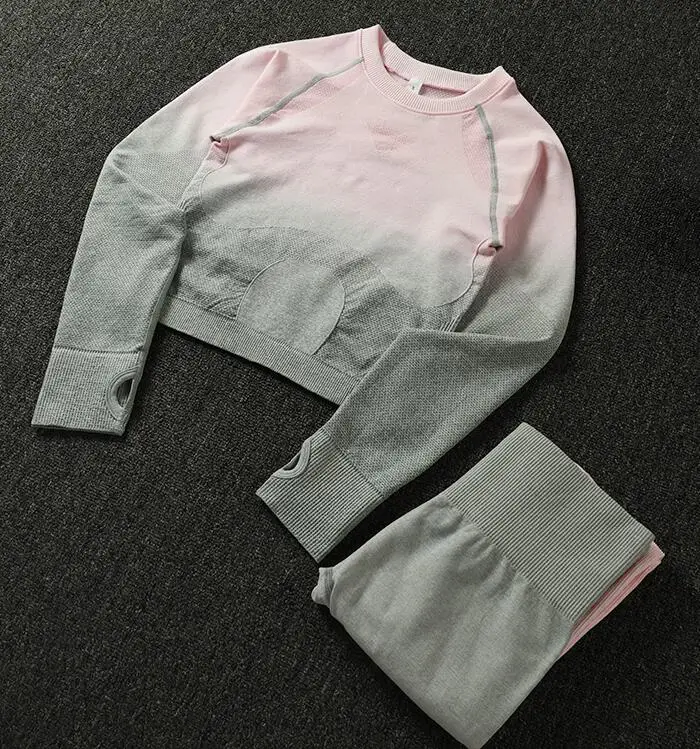 Gray pink Бесшовные Йога наборы тренажерный зал Высокая талия Омбре леггинсы футболки костюм для женщин с длинным рукавом фитнес, тренировки, Спорт бег спортивная одежда набор - Цвет: Gray pink