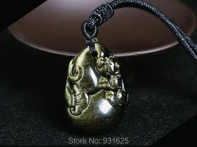 Красивый природный золото Обсидиан Резной китайский бутылки Pixiu Лаки амулет