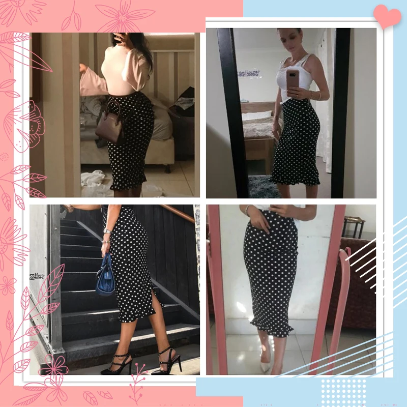 Dotfashion черно-белая женская юбка в горошек с разрезом сзади и рюшами на подоле, осень, повседневная Облегающая Юбка До Колена с высокой талией