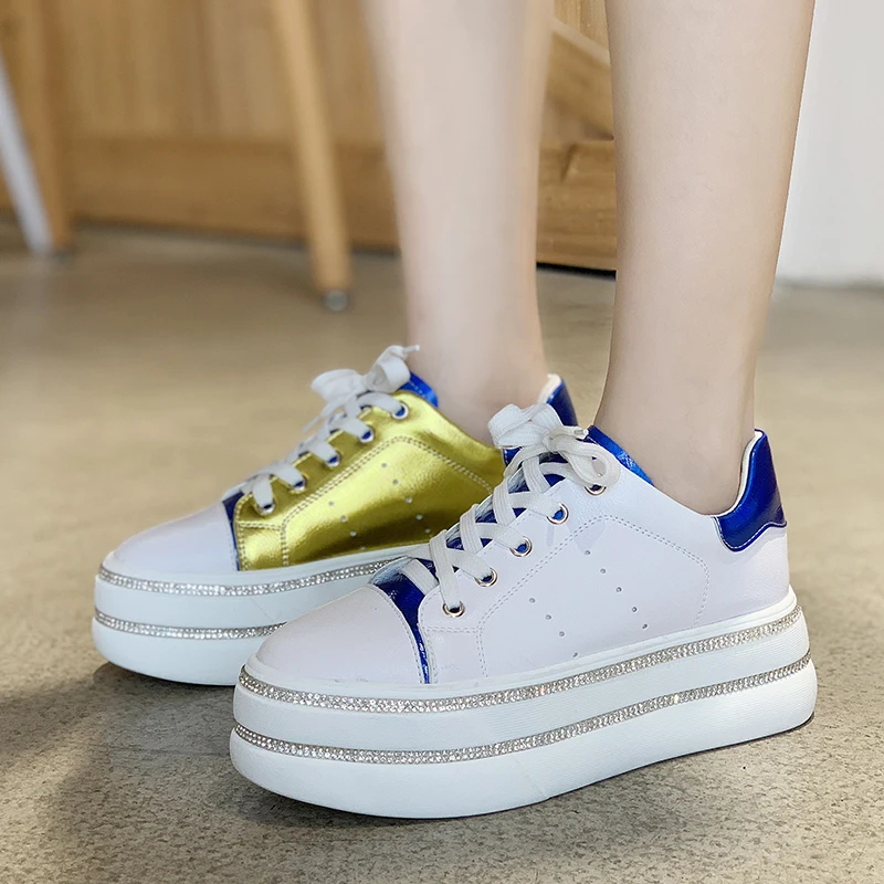 Rimocy high platform chunky sneakers women autumn winter 2019 thick bottom gold laser mix color casual shoes woman zapatos mujer | Обувь