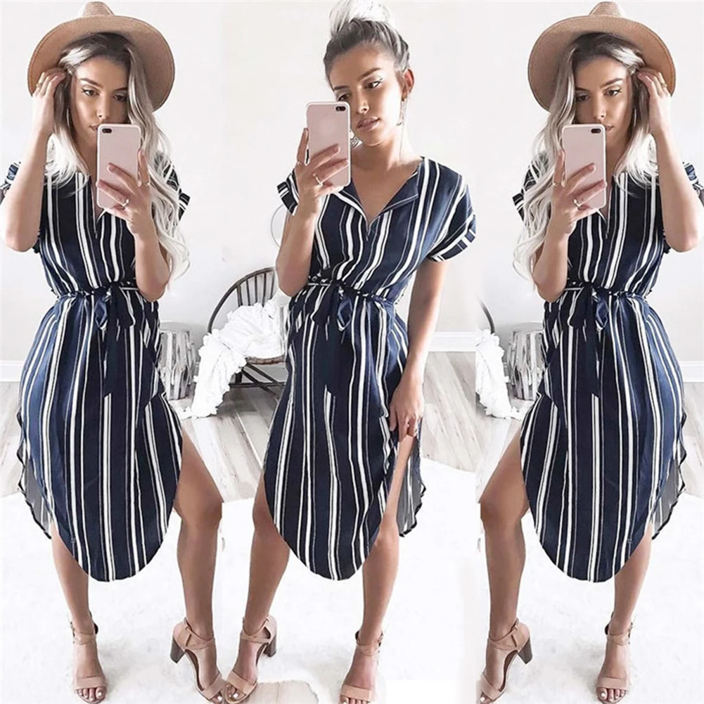 Нерегулярные Bodycon полосатый с поясом V шеи макси случайные короткий рукав