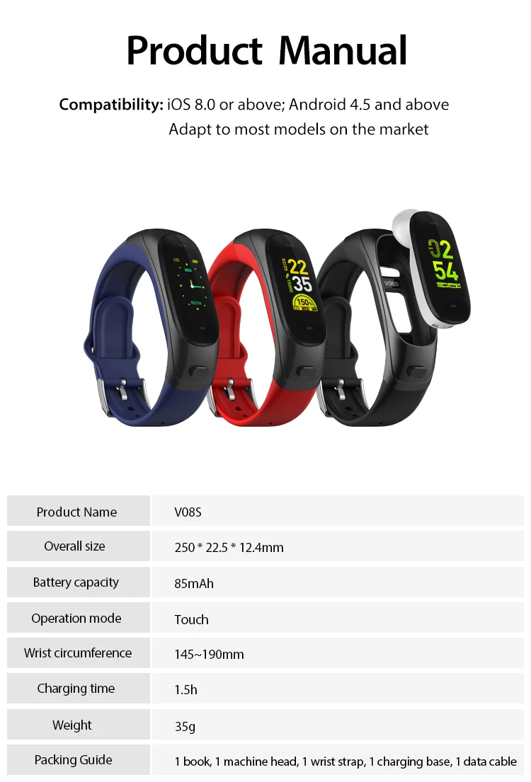 JingTider V08S спортивный умный браслет Bluetooth гарнитура кровяное давление монитор сердечного ритма Смарт-Браслет беспроводные наушники ответ на вызов
