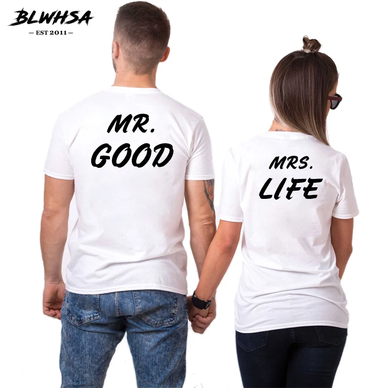 Парные футболки BLWHSA с надписью MR.GOOD MRS.LIFE хлопковые коротким рукавом и круглым