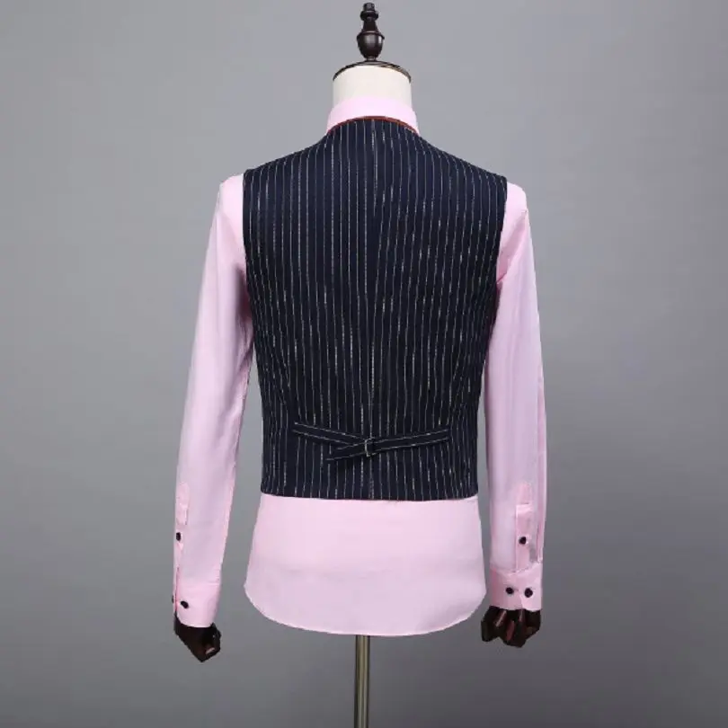 2018 темно синий полосатый Свадебный костюм двубортный деловой для жениха на заказ