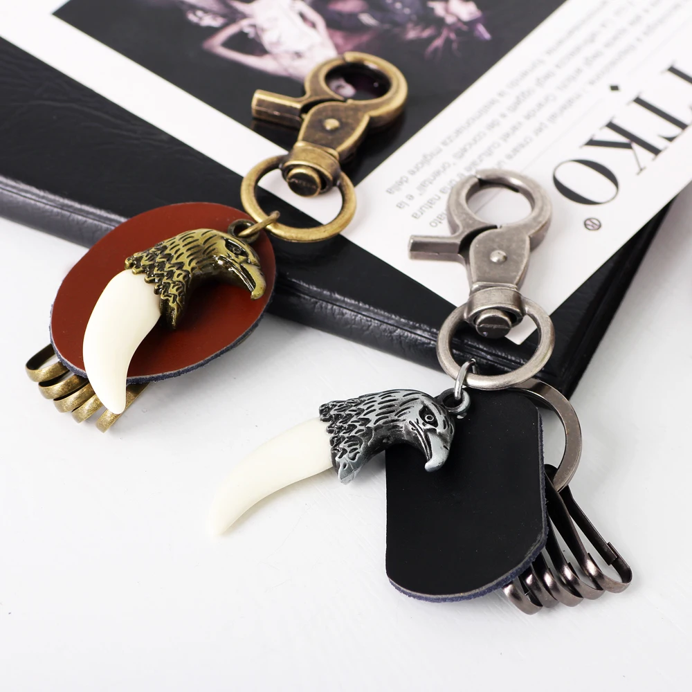 

UBEAUTY Retro Key Chain Alloy Eagle Head Resin Wolf Tooth Pendant Fashion Leather Keychain Car Key rings Jewelry Accessories
