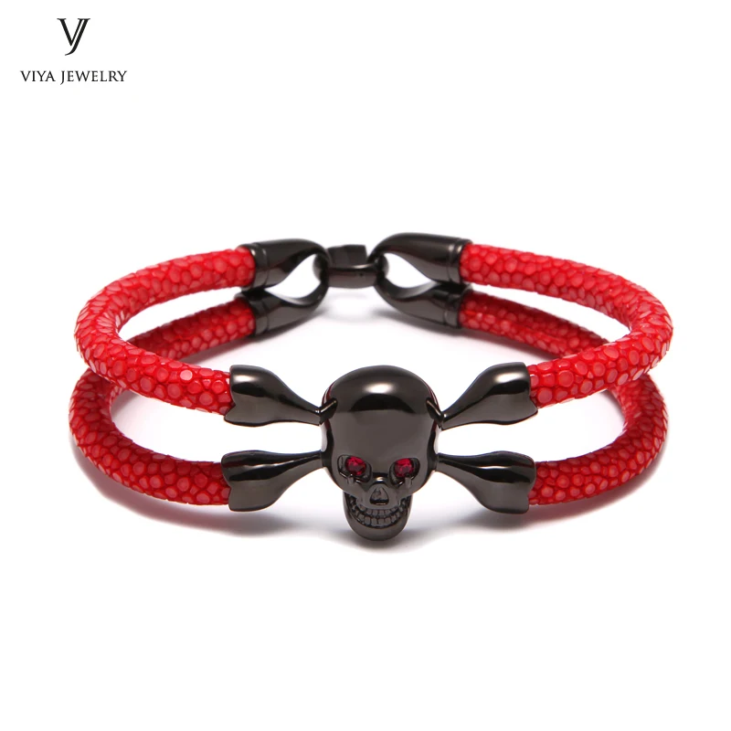 Мужской браслет из натуральной кожи с черным черепом|bracelets for|stingray braceletbracelet with |
