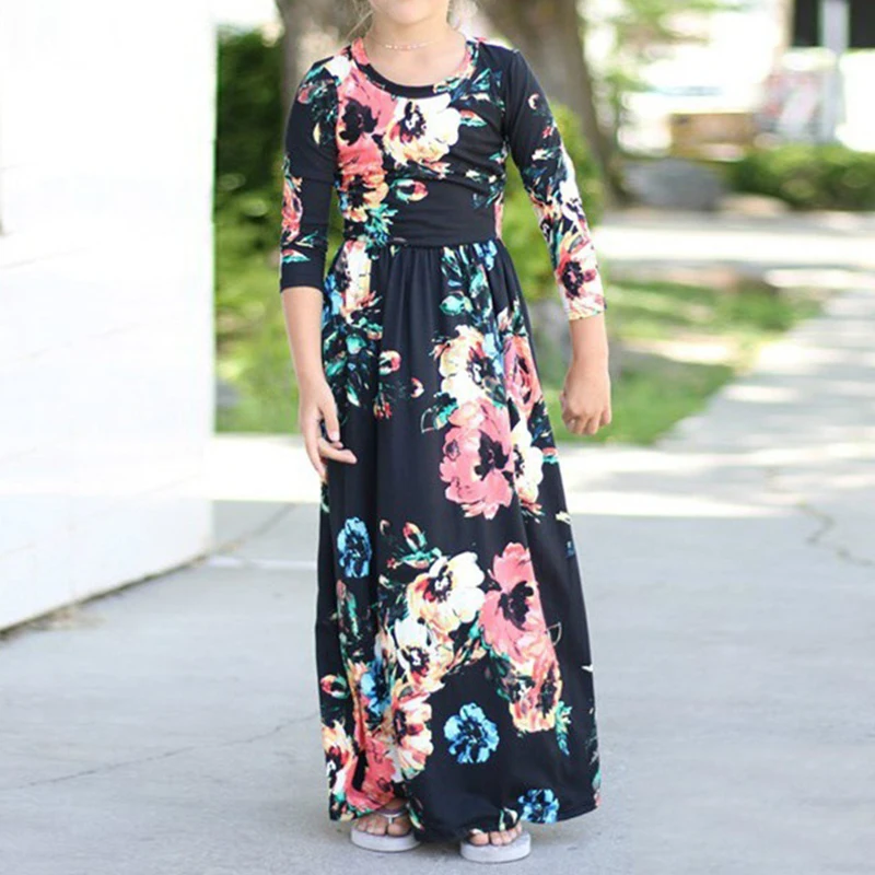 PatPat Girl's Pretty Floral Printed Long Sleeve Maxi Dress Round Neck Half Sleeves And Ankle-Length | Детская одежда и обувь