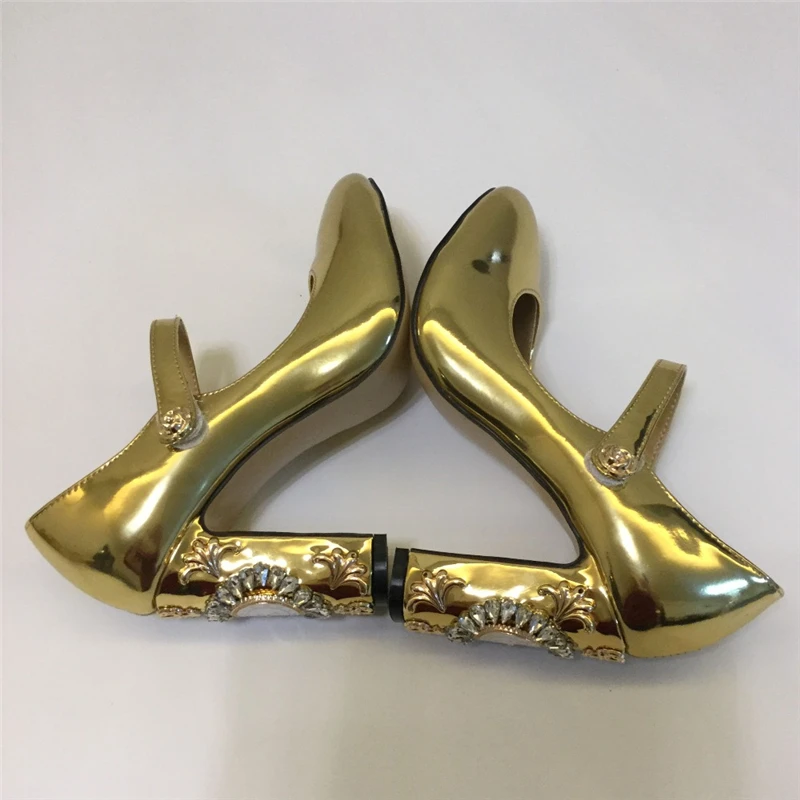 Chunky Heeled Back Clock Decor High Heel Pumps Women Bright Gold Patent Leather Rhinestone Bridal Wedding Party Shoes Heels | Обувь