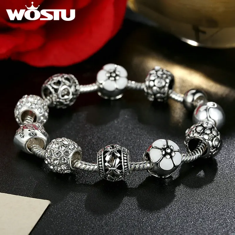 Распродажа серебряный браслет с бусинами в виде сердца и цветка|charm bracelet|bead charm
