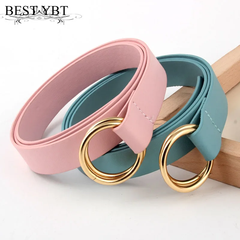 

Best YBT Women's Belt Imitation leather Casual fashion Women Belt Double ring buckle alloy button Soft surface Material