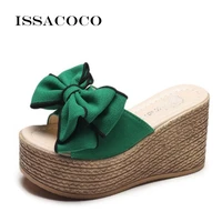 issacoco women summer mid heel butterfly knot slippers women non slip breathable indoor slippers women slippers zapatos mujer