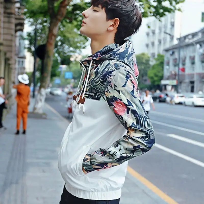 Men Boys Spring Autumn Long Sleeve Hooded Drawstring Bomber Jacket Zipper Up Floral Printed Patchwork Lightweight Windbreaker Co | Мужская