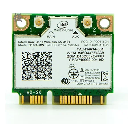 Intel Wireless AC 3160 3160HMW Half Mini PCI-E  802, 11 B/a/g/n/ac 2, 4G/5  433 / Wi-Fi +   Bluetooth 4, 0