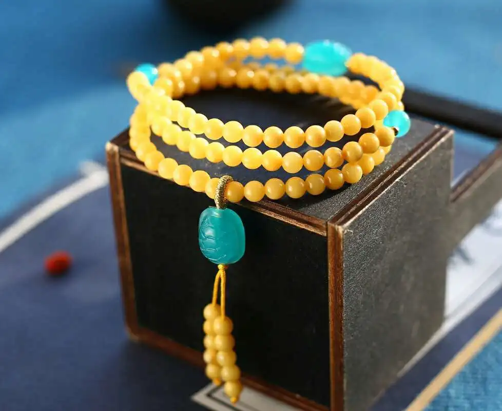 

100% Genuine Natural Yellow Amber Amazonite Gemstone 3 Laps 108 Prayer Round Beads Bracelet 5mm Pendant Bracelets Grade AAAAA