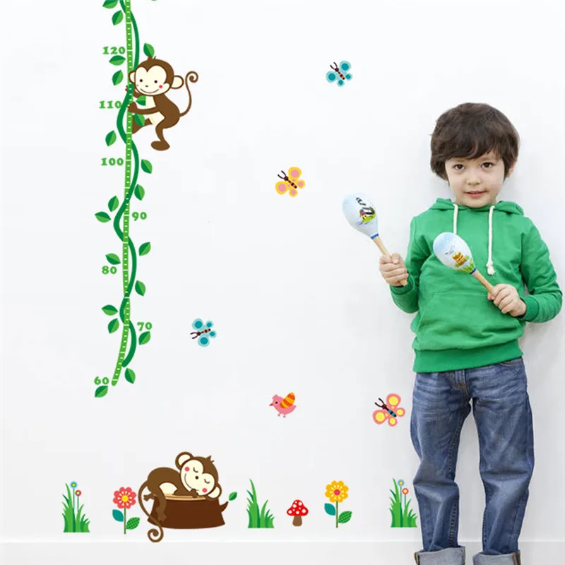 

Cartoon Sleeping Monkeys Height Measure Wall Stickers For Kids Rooms Tree Birds Flower butterfly Height chart Nursery Home Decor