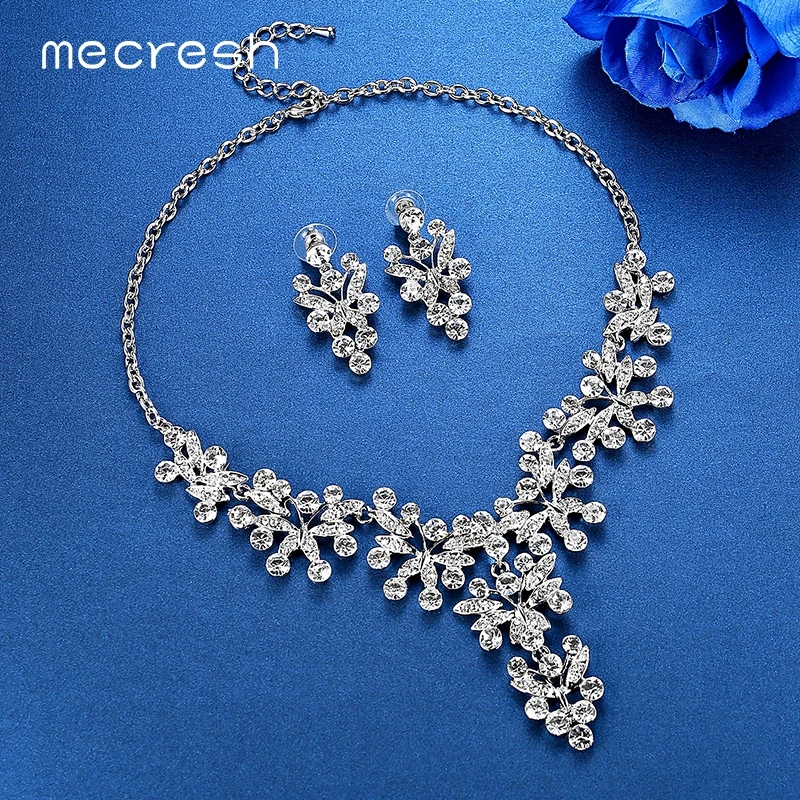 Mecresh Leaf Crystal Bridal Jewelry Sets For Women Silver Color Geometric Statement Necklace Set Fashion Wedding MTL525 | Украшения и