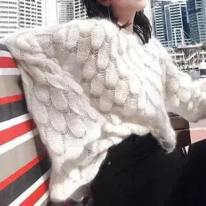 Мягкий мохеровый тонкий ажурный вязаный свитер Harajuku весенний красный модный