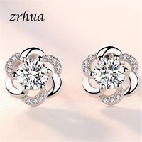zrhua real silver color earrings for women flower drop ear accessories gift wedding statement jewelry pendientes brincos