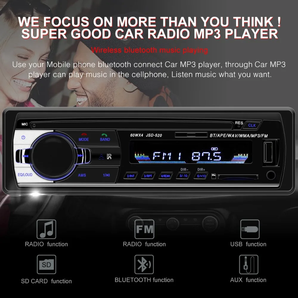 Bluetooth V2.0 JSD-520 oto teypleri Авто Стерео Автомагнитола 1din 12V In-dash 1 Din FM Aux SD USB MP3 автомобильный аудио плеер