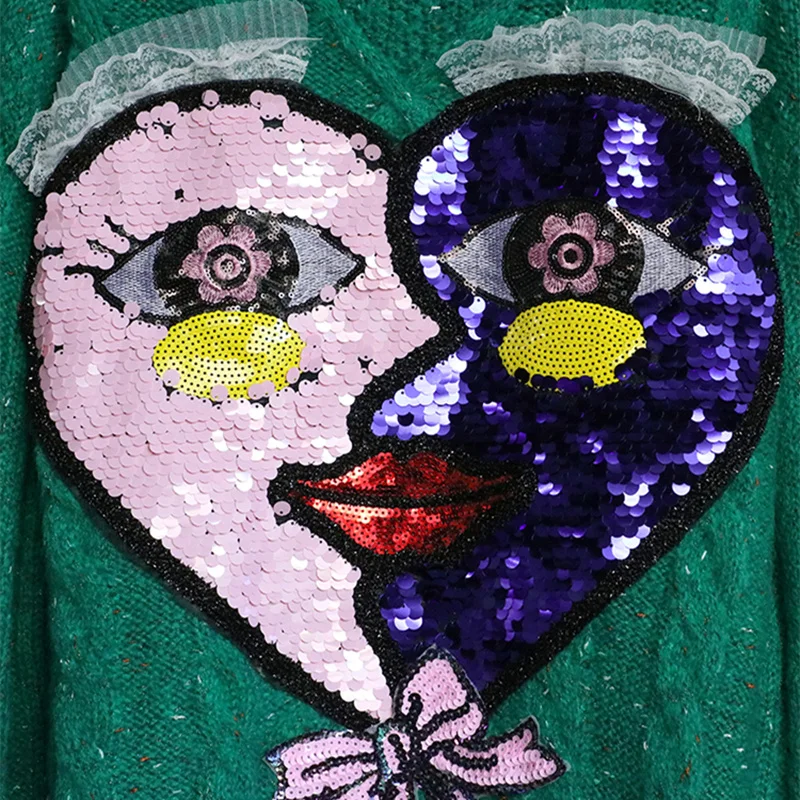 Женский зеленый свитер с пайетками 7 Mang вязаный пуловер высоким воротником