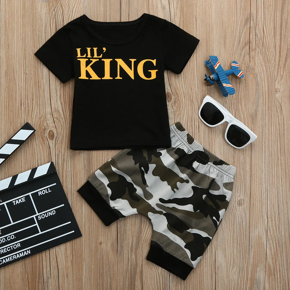 

Fashion Toddler Kids Baby Boys Letter T shirt Tops+Camouflage Shorts Outfits Clothes Set