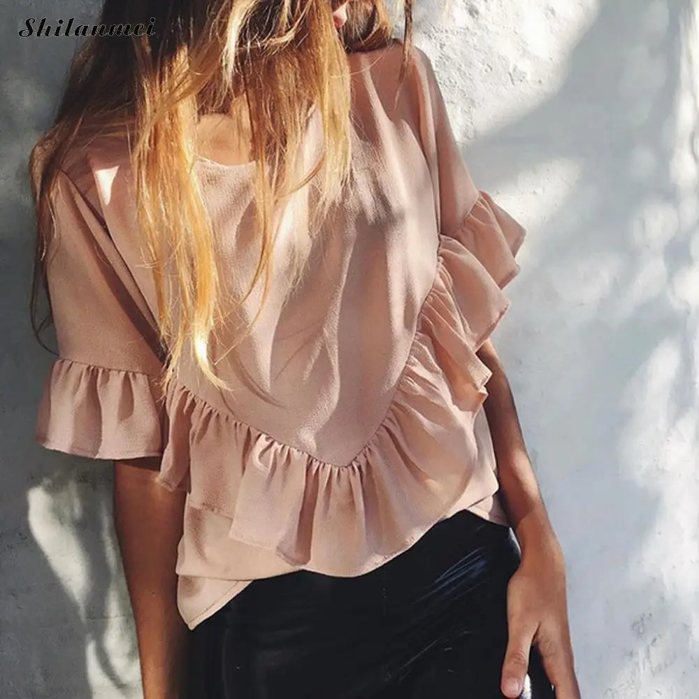 

2019 Fashion Summer Blouses Women Shirts Plus Size Black Solid Tops Ladies Short Sleeve Blusas Feminina Ruffles Blouse Mujer