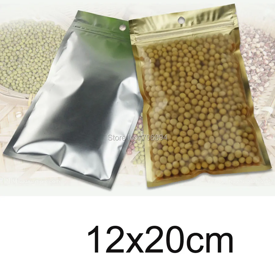 

200PCS 12*20cm(4.72''x7.87'')Clear+matte Gold Ziplock Aluminum foil bag self sealing plastic storage bag for gift tea coffee