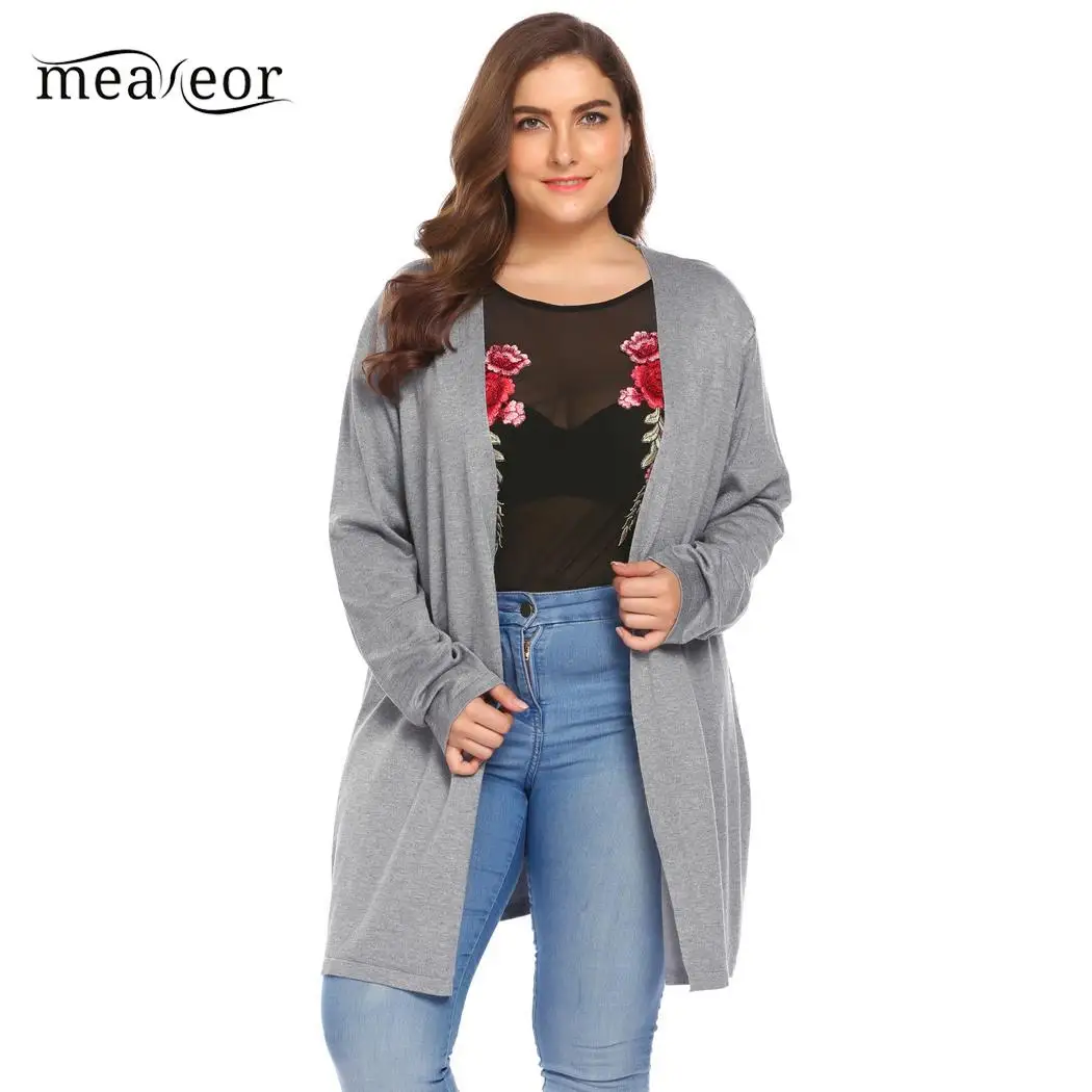 Meaneor, женский кардиган, большой размер, 5XL, осень, весна, открытая строчка, однотонный, тонкий, вязаный, большие кардиганы, верхняя одежда, женские топы размера плюс - Цвет: Gray