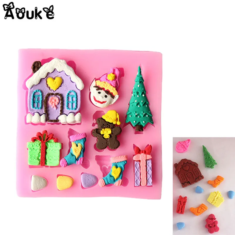

Christmas Tree House Shape Silicone Embossed Molds Chocolate Cake Mold Fondant Mould DIY Baking Decorating Tools Cookies Moulds