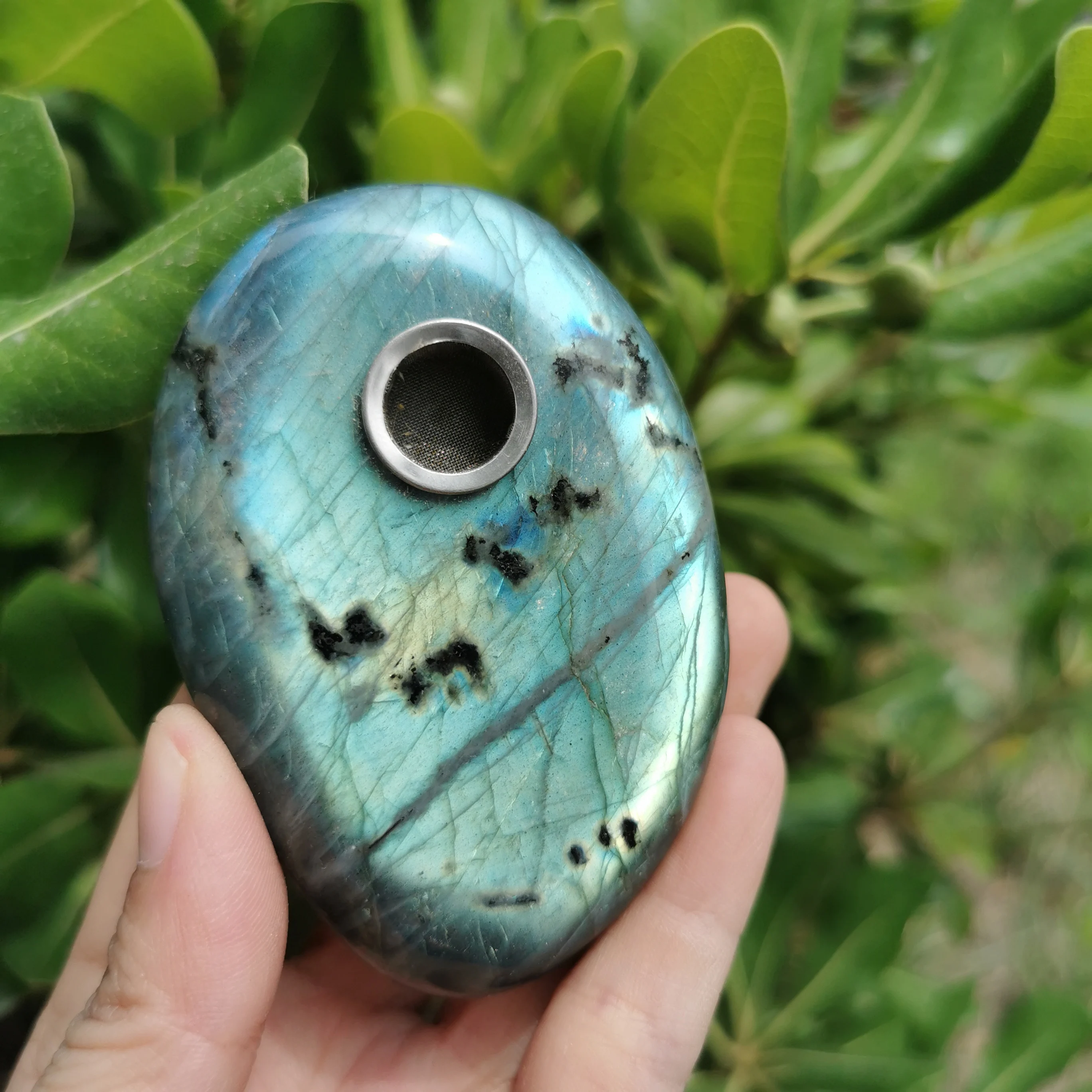 

Natural Labradorite Oval Palm Stone Quartz crystal smoking pipe