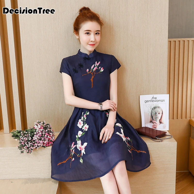 Китайское платье с коротким рукавом, восточное платье cheongsam qipao с цветочным принтом бабочки, традиционное китайское женское платье - Цвет: color4