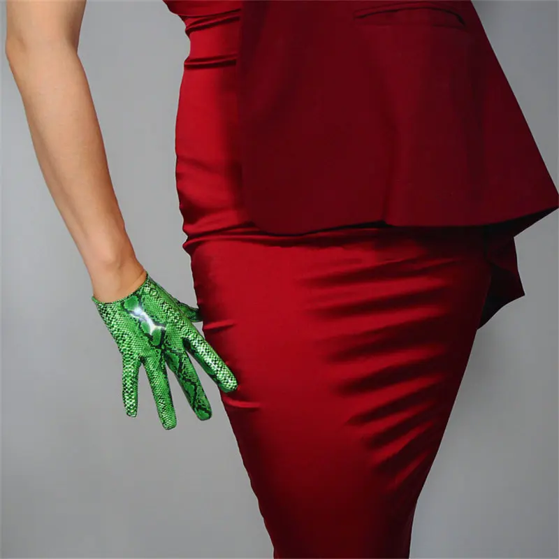 Green Snake 16 см короткие перчатки из лакированной кожи, имитирующая кожу, зеркальные Яркие Кожаные перчатки из искусственной кожи, ярко-желтый, ярко-желтый WPU120 - Цвет: Green Snake