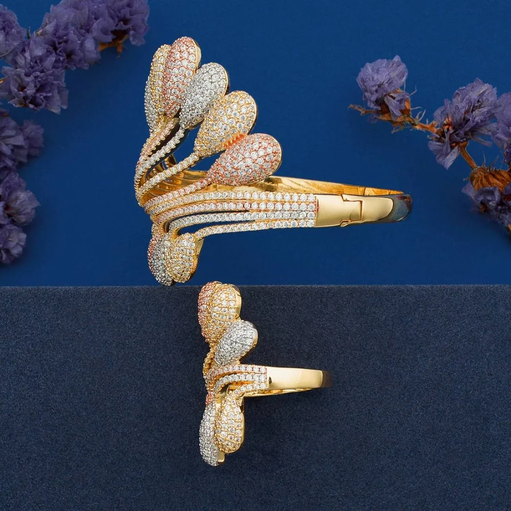 ModemAngel роскошный браслет с павлиньим хвостом и кубическим цирконием кольцо 3 тона