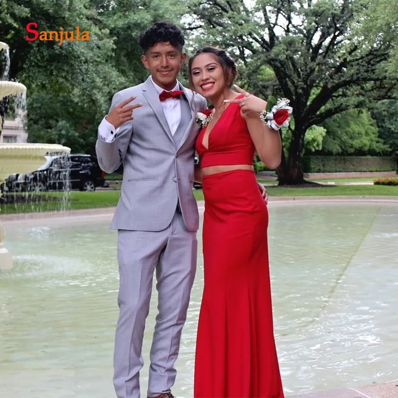 Красное платье для выпускного вечера из двух предметов юбка футляр на бретелях