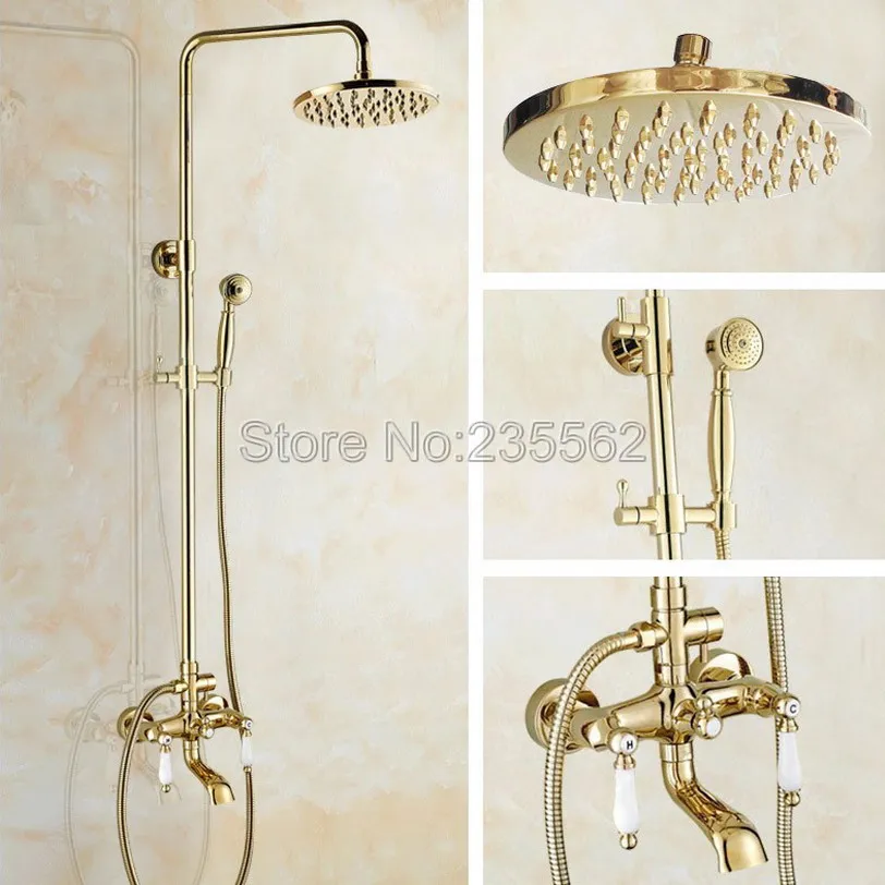 

Золотой Латунный ванный дождевой Душ система ручной душ насадка для душа ванна носик набор двойная керамическая ручка Смеситель кран lgf362