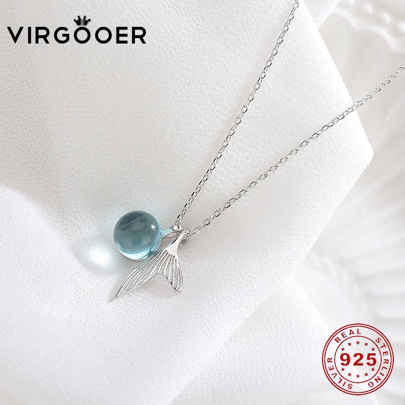 virgooer s925 silver Mermaid Tail Blue Pendant Necklace for women elegant jewelry gift Foam Crystal Necklaces wholesales | Украшения и