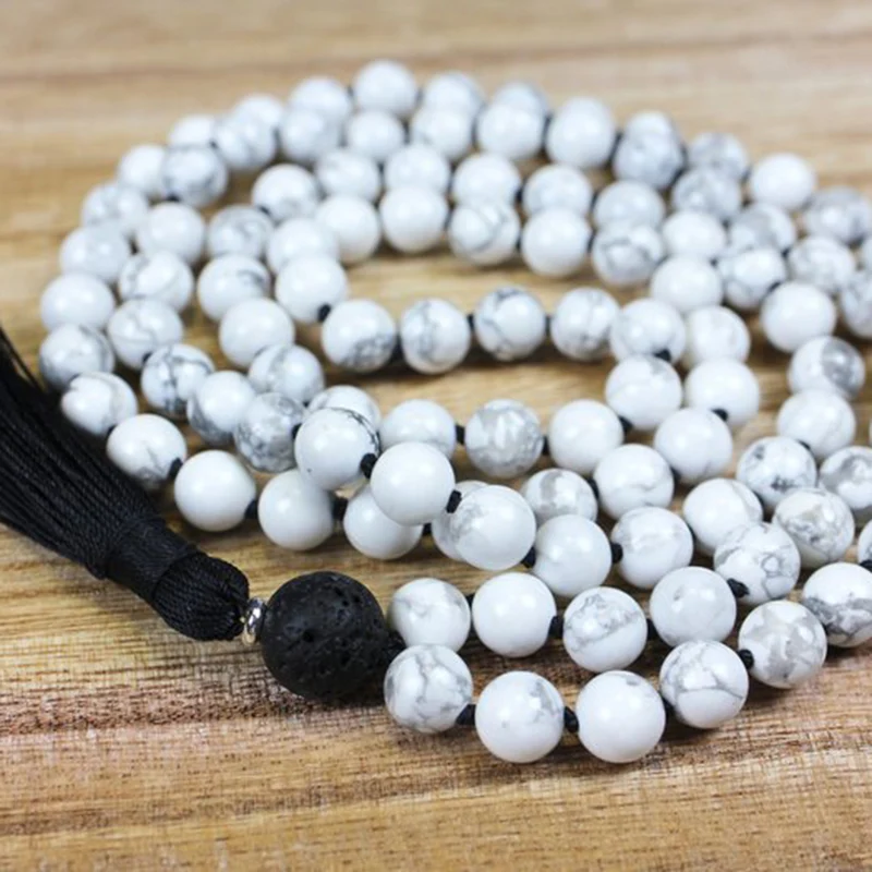 Коллекция 108 года ожерелье Howlite Mala С узлом подвеска из лавового камня бусина с