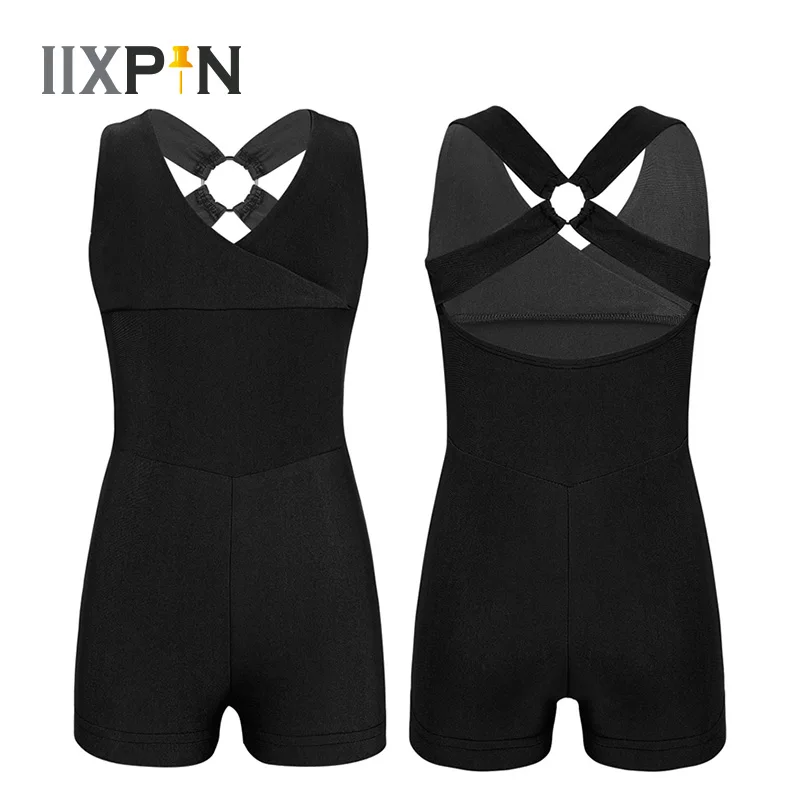 

IIXPIN Girls Ballet Leotard Bodysuit Unitard Shorts Sleeveless V Neckline Cross Back Ballet Dance Gymnastics Leotard Jumpsuit