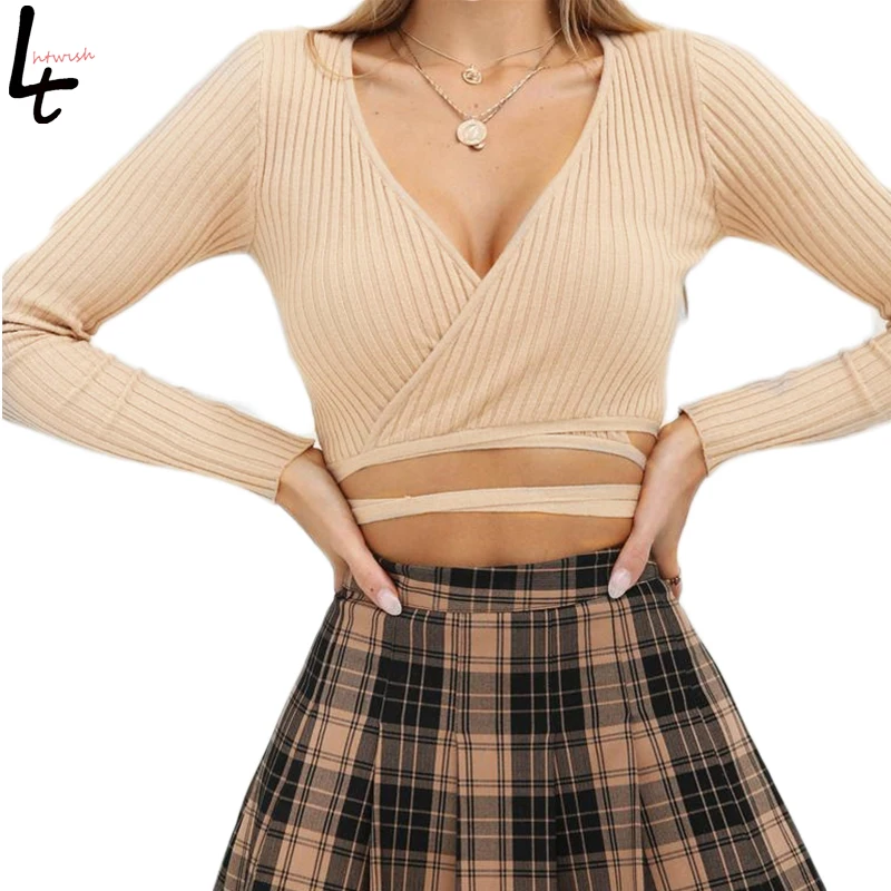 Women's Fashion Solid Color Knitwear Slim Fit Long Sleeve Cotton T-shirts Plus Size Sexy Deep V neck Casual Top Tee | Женская одежда
